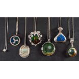Seven gemset pendants,: including a silver pendant set with abalone shell, maker's mark, 'IM',