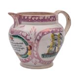 A Sunderland pink lustre ship jug: enamelled and printed either side with a man o' war and a brig,