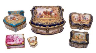 A group of three Sèvres-style blue ground caskets and three similar smaller snuff boxes: the larger