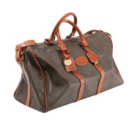 A Mulberry Scotchgrain holdall: with tan leather trim, luggage label and padlock cover,
