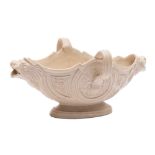 A Staffordshire saltglaze double-lipped sauceboat: of silver shape with reeded loop handles and