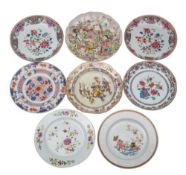 A group of eight Chinese famille rose plates and dishes, seven 18th century,