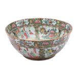 A Chinese Canton famille rose bowl: painted in traditional style with terrace scenes, butterflies,