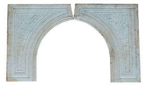 A pair of white marble fire surround spandrels: each with relief carved bulrush fielded panels and