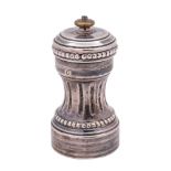 A French silver pepper mill, stamped marks:, of waisted outline with fluted decoration,