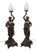 A pair of metal figural lamps: in the form of Neo-classical maidens in robes,