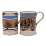 Two 19th century mochaware mugs: one with floral spray mocha decoration,