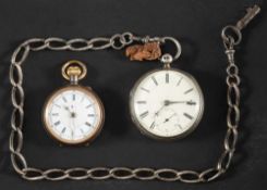 Two pocket watches,: including a silver pocket watch, the white enamel dial with Roman numerals,