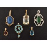 Six vari-coloured gemset pendants,: including a 9ct gold aquamarine and peridot pendant,