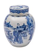 A Chinese blue and white ovoid jar and matched cover: painted with a presentation scene with an