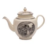 A Staffordshire creamware punch pot and cover with black transfer prints by Thos.