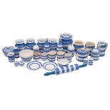 An extensive group of T & G Green Cornishware: including captioned and plain storage jars of