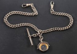 An early 20th century, silver, curb-link Albert watch chain, T-bar, two dog clips and compass fob,