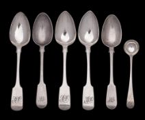 Five provincial silver Fiddle pattern teaspoons, maker Robert Williams, various dates: initialled,