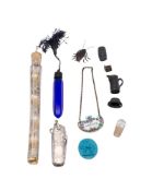 A mixed collection of collectables: includes silver handled pen knife, three glass scent bottles,