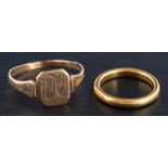 Two gold rings,: including a 22ct gold band ring, hallmarks for Birmingham, 1936, ring size J,