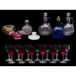 A mixed quantity of glassware: comprising two clear and one blue claret flask of flattened oviform,
