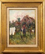 Alexandre Isailoff [1869-1944]- Sunlit garden scene, a woman hanging washing,