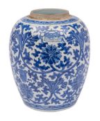 A Chinese blue and white ovoid jar: painted overall with scrolling lotus,