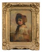 English School 19th Century- Young girl wearing a bonnet, half-length standing in a landscape,