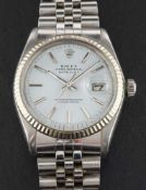 Rolex Oyster Datejust gentleman's wristwatch: the silvered dial with raised baton numerals,