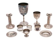 A mixed lot of silver and plated wares, various makers and dates: including two silver trophy cups,