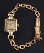 A 9ct gold 'Star' Bentima wristwatch,: the square enamel dial with Arabic numerals and baton hands,