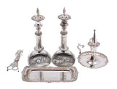A pair of plated telescopic candlesticks,: a plated chamberstick with snuffer,