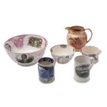 A group of six pieces of 19th century Sunderland pink lustre and other pottery: comprising a large
