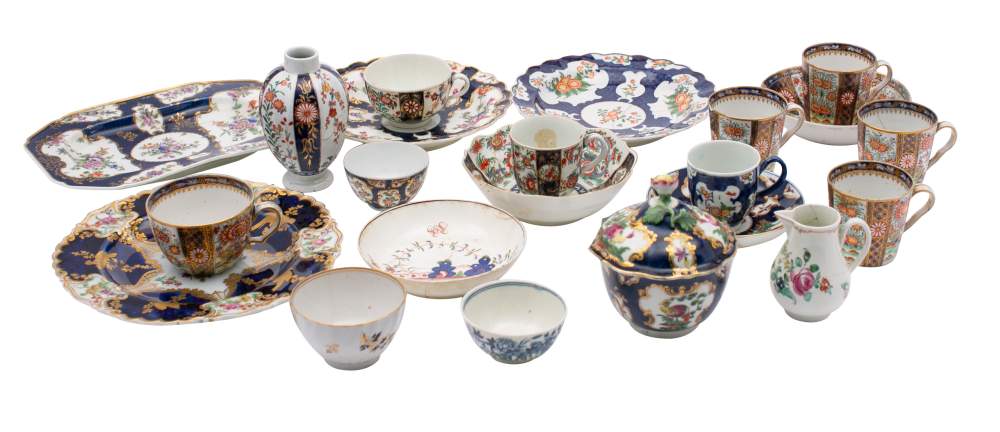 A mixed lot of 18th century English porcelain: including a Chelsea blue-ground plate of