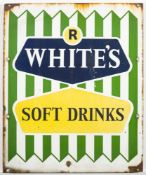 An enamel advertising sign 'R White's Soft Drinks' blue and yellow on a green and white striped