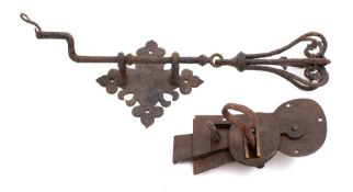 A 19th century iron bell pull: with open work inverted baluster handle and plain shaft on a