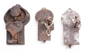 Two 17th/18th century steel locks with keys: the smaller with crude decoration to backplates,