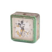 An Ingersoll Mickey Mouse alarm clock, circa 1930s: green square tin case with transfer border,