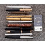 A collection of fountain pens; comprising a Parker 51 pen, Parker 22 France, Parker Crackle finish,