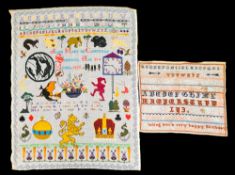 An early 20th century needlework sampler worked by 'Joan Mary de Carteret Simpson, Age 204 Moons.