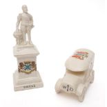 A WWI crested ware model of ambulance and crested ware model of Drake's statue: (2)