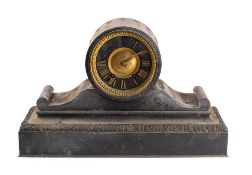 A late 19th/early 20th century slate mantel clock: the eight day bell movement in a cylindrical