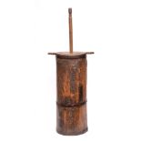 A 19th Century iron bound cylindrical butter churn: with twin-handled cover and plunger,