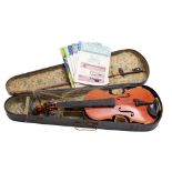 An early 20th century student violin with two piece back, 36cm long,