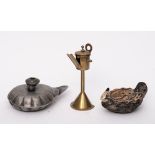 A miniature Dutch brass oil lamp: on cone-shaped base, 12cm high,