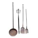 An iron long handled frying pan: with 33cm diameter pan,