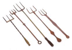 Three copper three pronged toasting forks: (3)
