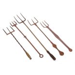 Three copper three pronged toasting forks: (3)