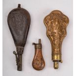 A copper and brass pistol powder flask,