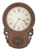 A late Victorian oak drop dial wall clock: the double spring movement with Roman numerals in a