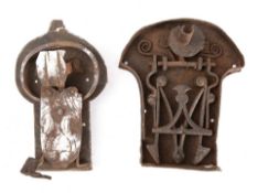 A 17th/18th century steel coffer lock:, with double catch mechanism,