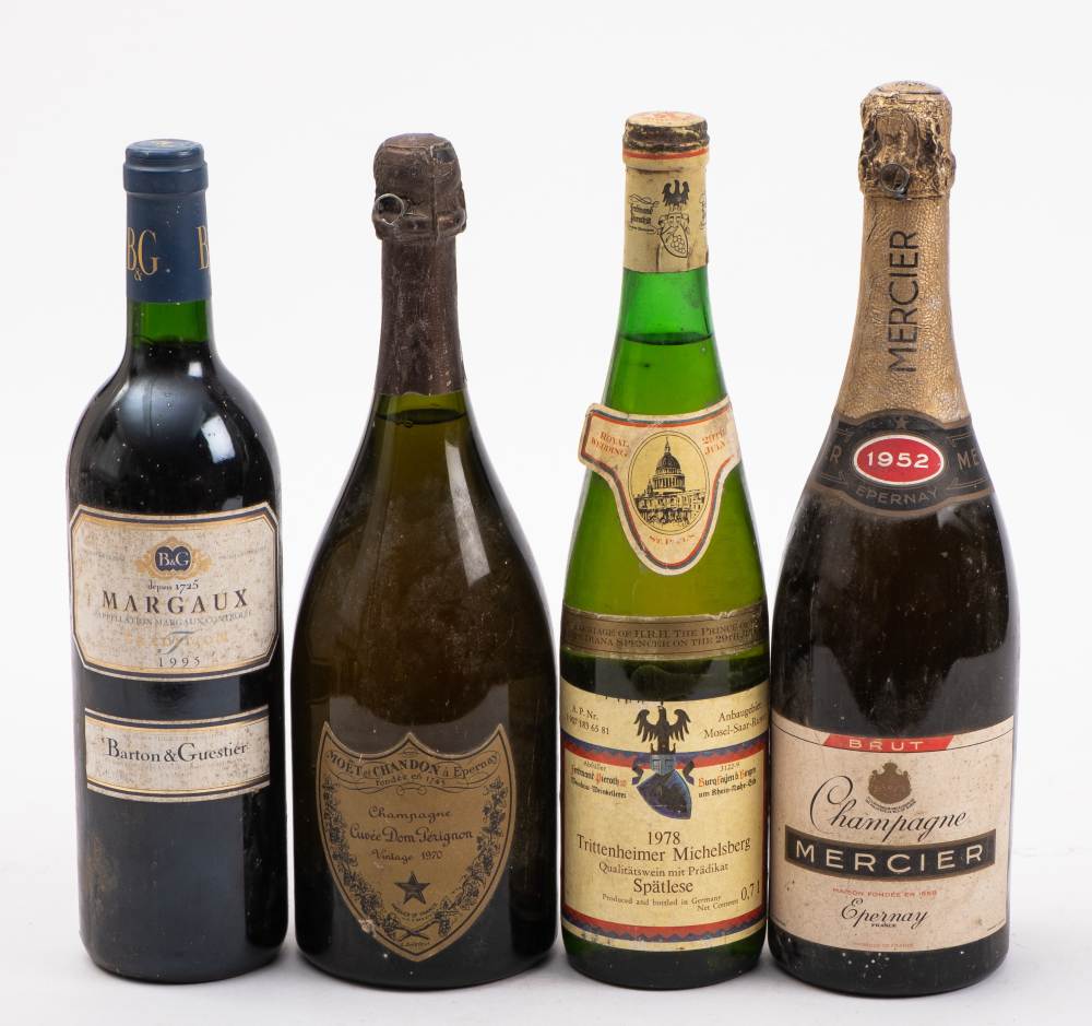 A bottle of Moet & Chandon, Epernay, Dom Perignon, 1970: a bottle of Mercier 1952,