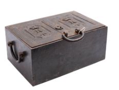 A Victorian War Department issue cast iron strong box: the double filed panel top with crown over