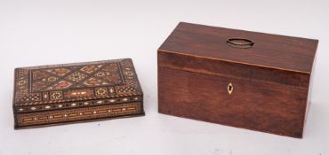 An early 19th Century harewood and boxwood strung rectangular tea caddy: with twin lidded
